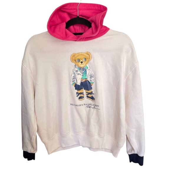 RARE Polo Bear Ralph Lauren Girls SZ XL Pink White Hoodie Fleece - Picture 5 of 14